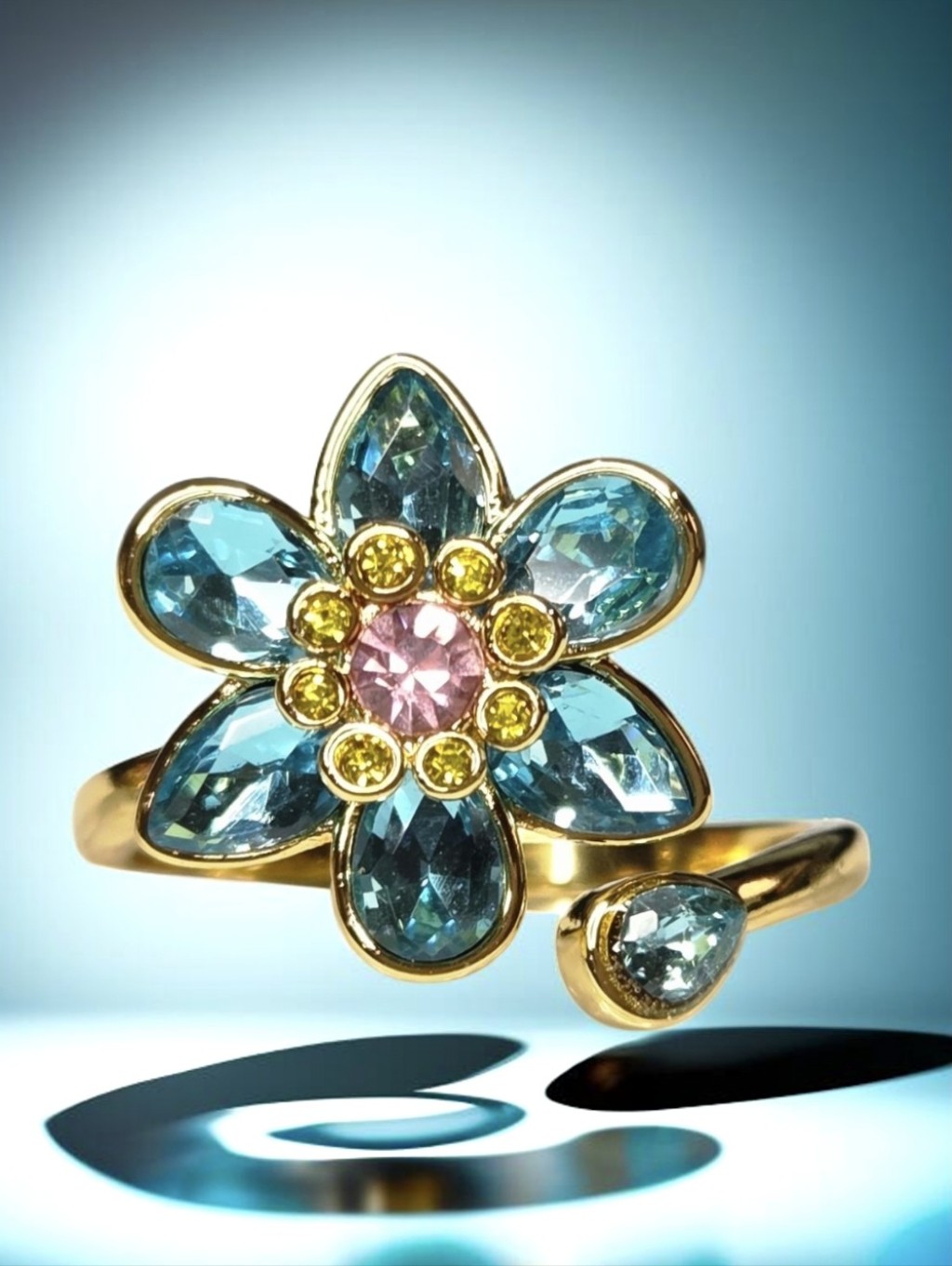 18k Gold Plated Designer Botanical Flower Crystal Cocktail Ring